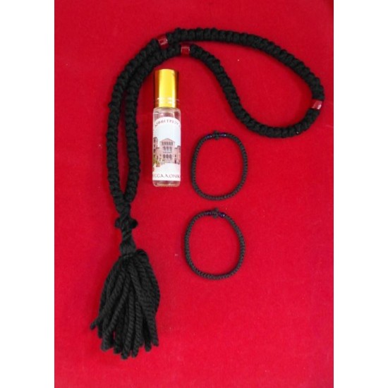 Σετ Κομποσχοίνι 100άρι, 2 Κερωμένα κομποσχοίνια & μπουκαλάκι με μύρο του Αγίου Δημητρίου (Προσφορά)